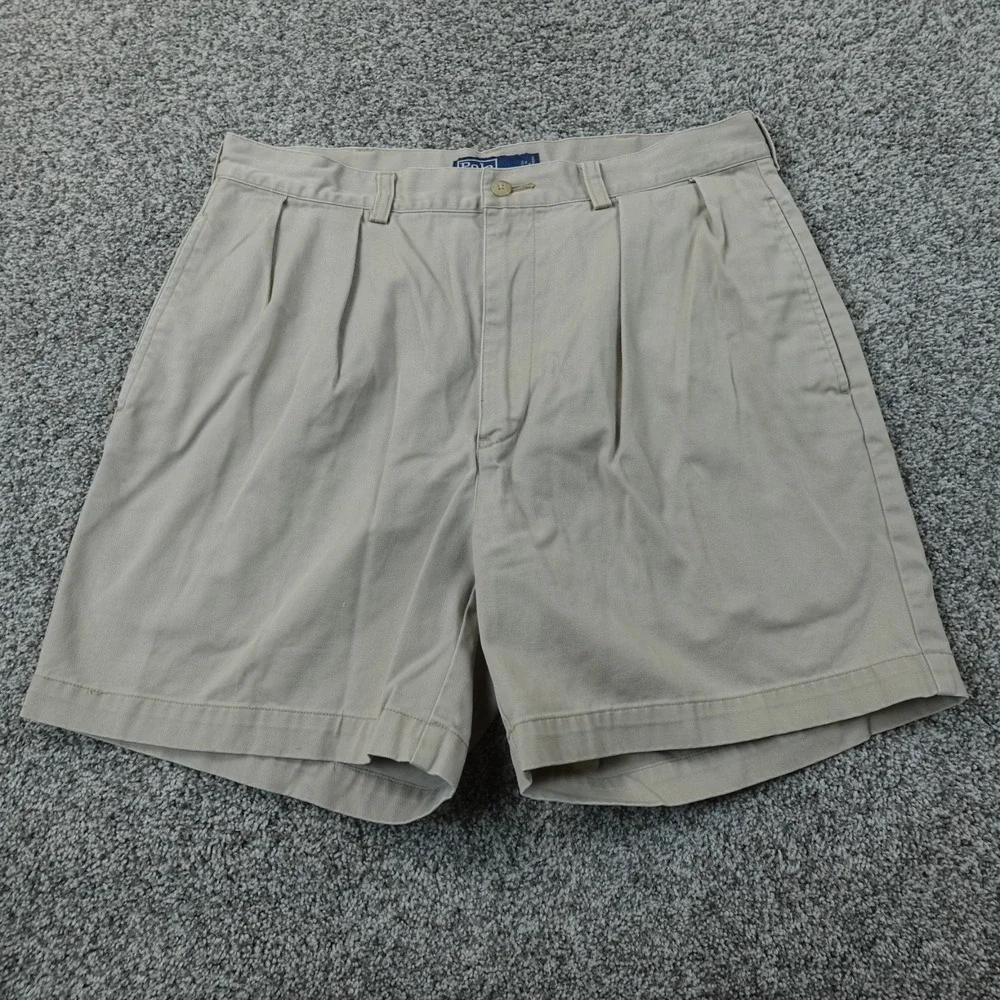 VTG Polo Ralph Lauren Shorts Mens 34 Beige Tan Andrew Chino Pleated 90s Golf Dad